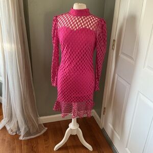 Hot Pink Crochet Net Long Sleeve Mini Dress